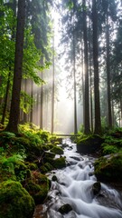 Obraz premium Misty forest stream. Sunlight streams through the trees
