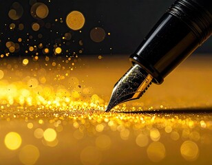 Gold sparkle surrounds a pen tip, against a dark background