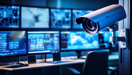 surveillance camera monitoring an area with blue glowing screens in the background at a security control center