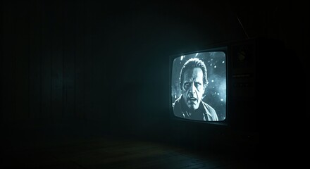 An old analog television set in a dark room displays a black and white image of a distressed older man with a serious expression and textured background.
