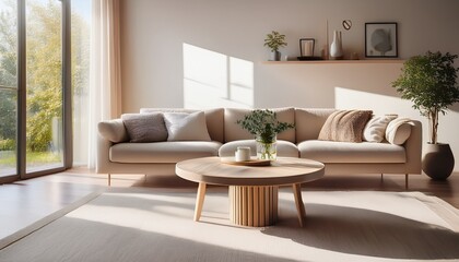 Fototapeta premium modern living room design with a cozy sofa and stylish coffee table in bright natural light