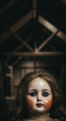A hyperrealistic closeup of an antique porcelain doll with cracked skin, blue eyes, and red lips, set against a dark, blurry background of wooden beams.