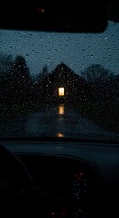 A dark car interior view through a rain-streaked windshield reveals a distant silhouetted house with a single glowing yellow window on a gloomy, wet night.