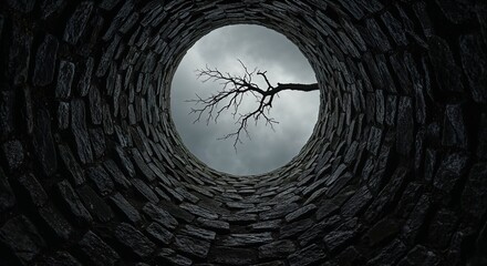 A deep perspective looking up from inside a dark, textured stone well, revealing a stark bare tree branch silhouetted against a gloomy, overcast grey sky above.
