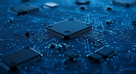 Computer circuit board with microchips technology background illustration