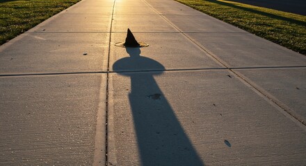 A black witch's hat rests on a concrete sidewalk, casting a long shadow resembling a child's figure during the warm golden hour light.