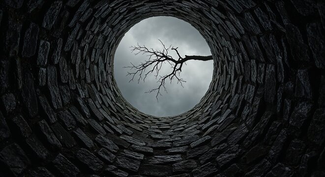 A deep perspective looking up from inside a dark, textured stone well, revealing a stark bare tree branch silhouetted against a gloomy, overcast grey sky above.