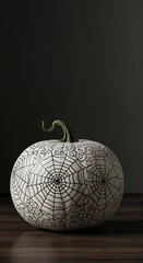 A white pumpkin with intricate black spiderweb patterns and decorative swirls rests on a dark wooden surface against a deep gray background.