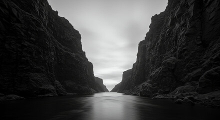 Misty black and white fjord landscape with calm waters