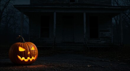 A vibrant orange carved jack-o'-lantern with a sinister glowing face illuminates a dark, ominous abandoned house and bare trees on a spooky autumn night.