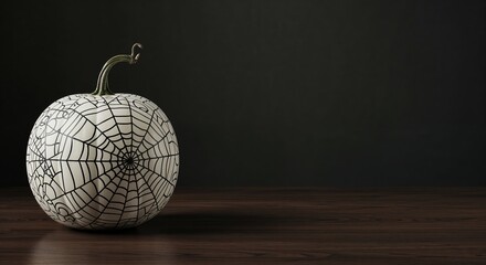 A perfectly round white pumpkin with a green stem, adorned with detailed black spiderweb designs, rests on a rich brown table, offering generous negative space.
