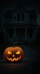 A glowing carved jack-o'-lantern with an eerie face sits on a dark path in front of a spooky, dilapidated old house at night, creating a mysterious Halloween atmosphere.