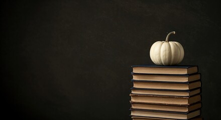 A small white pumpkin rests atop a stack of vintage books with blue covers and aged pages, set against a dark, textured background with ample space for text.