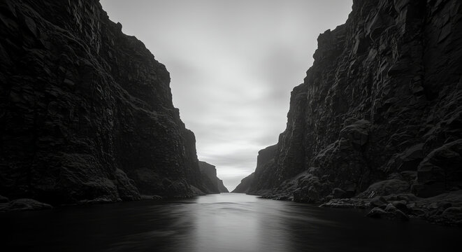 Misty black and white fjord landscape with calm waters - Powered by Adobe
