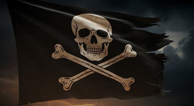 Jolly roger flag with skull and crossbones against cloudy sky