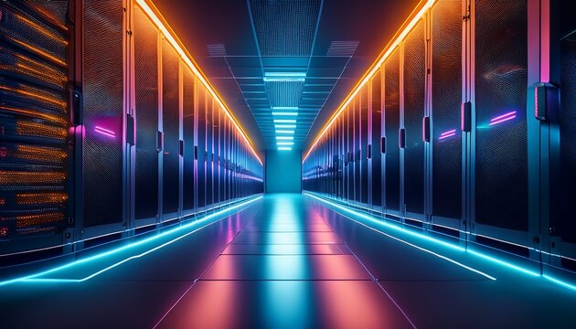 futuristic server room data center corridor illuminated with vibrant neon lights showcasing powerful computing infrastructure