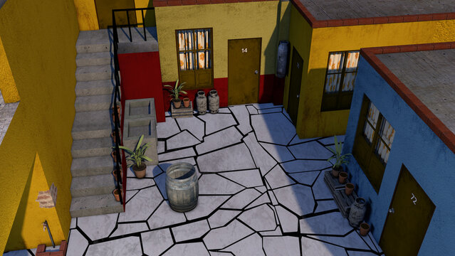Vecindad en Mexico de 1970 3D Render