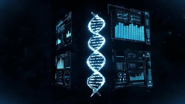 Rotating Digital DNA Strand for Medical and Science Concepts. This visual represents genetic engineering, biotechnology, medical research, and the future of science and healthcare in the digital age.