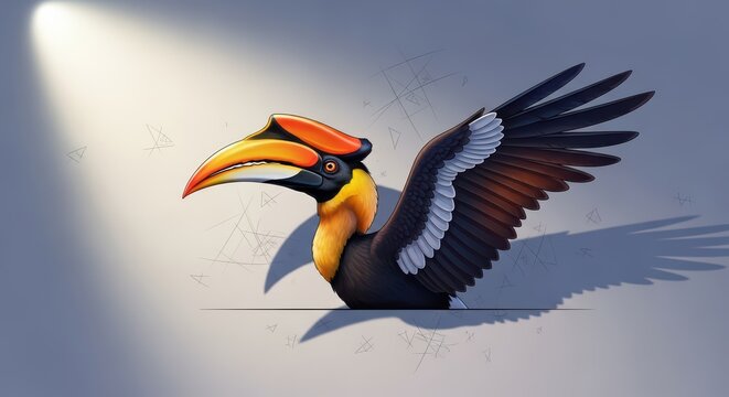 Colorful hornbill bird illustration with detailed beak and wings, exotic tropical species, surreal wildlife artwork, jungle biodiversity concept, rare bird design and creative animal art background