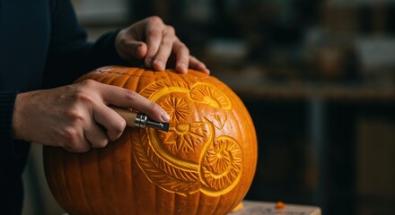 Close-up of a person's hands meticulously carving an intricate decorative pattern into a large orange pumpkin with a specialized tool in a dimly lit indoor setting.