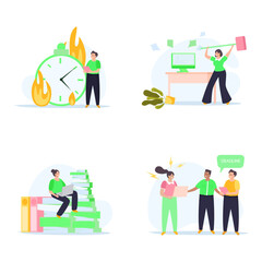 Diverse depictions of workplace stress and burnout, featuring individuals overwhelmed and facing deadlines with urgency and intensity