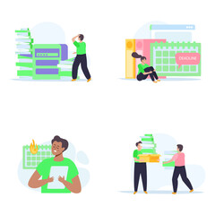 Business stress and deadline pressure illustration collection showing overwhelmed employees and busy work environment