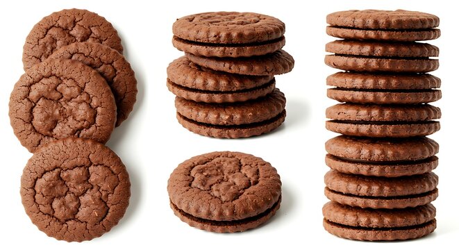 Chocolate sandwich cookies isolated on white background macro food photography