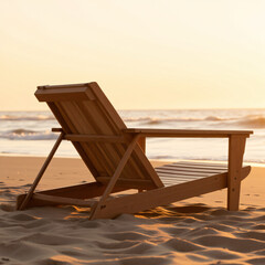 a wooden deck chair, teak, dark brown, weathered, empty on a beach, side view, sunset lighting, 4 k, warm tones

