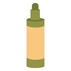 Single cosmetic bottle with dropper, a light orange label, and a green cap and base isolated on a white background
