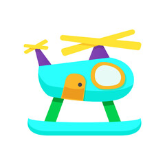 Whimsical Blue Cartoon Helicopter with Yellow Rotors and Purple Tail, Isolated on White