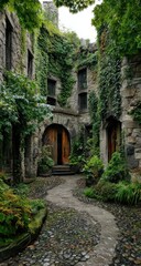 Fototapeta premium Stone building overgrown with lush greenery, winding path