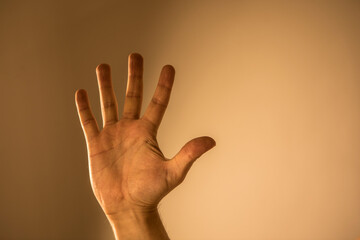 Man hand light background. Male. Hands. Finger. Gesture. People