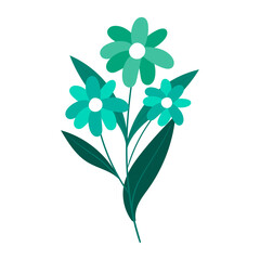 Teal and Turquoise Flowers with Dark Green Leaves - Simple Vector Illustration on White Background