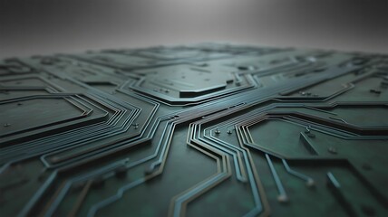 Abstract Close-up of a Deep Green Circuit Board with Metallic Blue and Silver Traces technology electronic