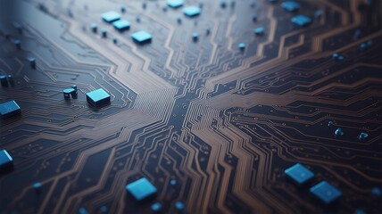 Abstract Close-up of a Futuristic Circuit Board with Blue Square Components and Copper Traces electronics