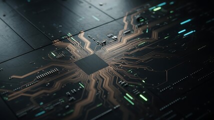 Abstract Close-up of a Futuristic Circuit Board with Glowing Data Streams technology computer