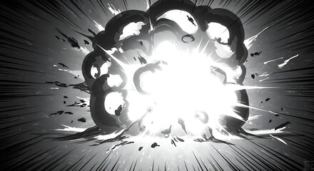 Dramatic explosion burst in black and white comic style illustration