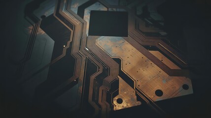 Abstract Close-up of a Rusty and Worn Electronic Circuit Board with a Dark Square Component technology