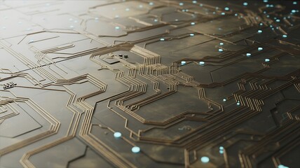 Abstract close-up of a futuristic electronic circuit board with glowing blue lights and golden pathways