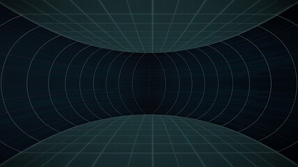 Abstract curved grid tunnel with dark blue and teal tones, creating a sense of warped space or digital dimension