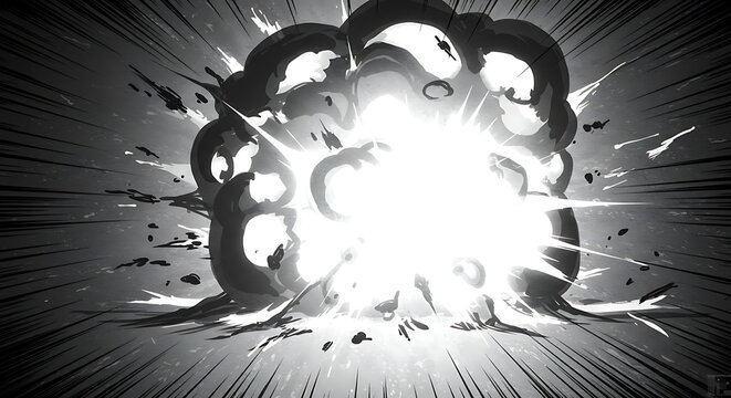 Dramatic explosion burst in black and white comic style illustration