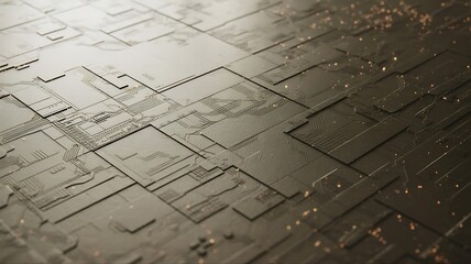 Abstract dark metallic circuit board texture with glowing particles background technology
