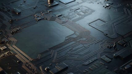 Abstract Dark Futuristic Electronic Circuit Board with Intricate Pathways and Large Central Area electronics