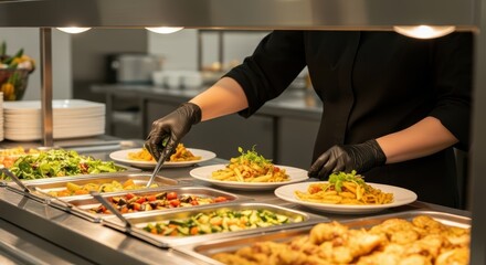 A person serving food from a buffet line with pasta salad and vegetables in a restaurant setting