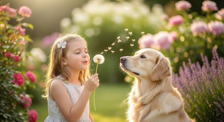 A girl blowing a dandelion with a golden retriever dog in a garden with pink flowers around them