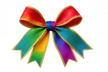 Rainbow ribbon bow with golden glitter outline, symbolizing pride, celebration, and gift decoration on transparent background