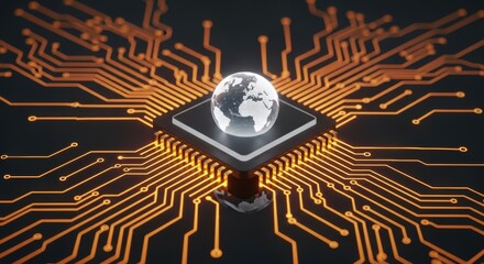Glowing globe atop a chip surrounded by illuminated circuit pathways on a dark background surface