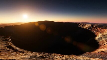 Wide-Angle View of Meteor Impact Crater with Dramatic Sunrise Shadows - Powered by Adobe