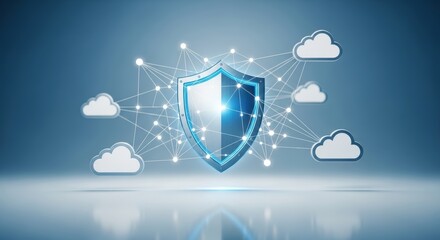 A digital shield with cloud icons connected by lines and dots on a blue gradient background surface