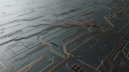 Abstract futuristic digital circuit board pattern with glowing blue and orange lights technology